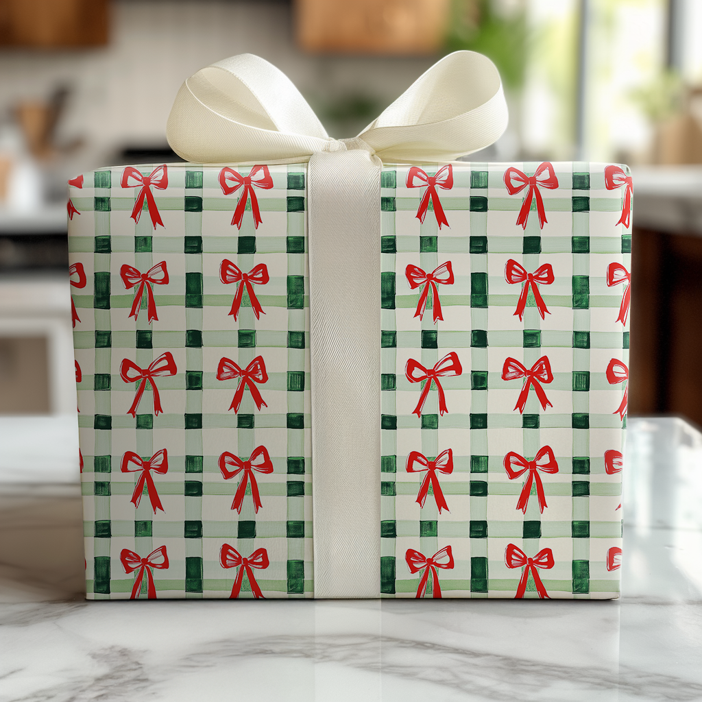 Green Plaid and Red Ribbon - Wrapping Paper