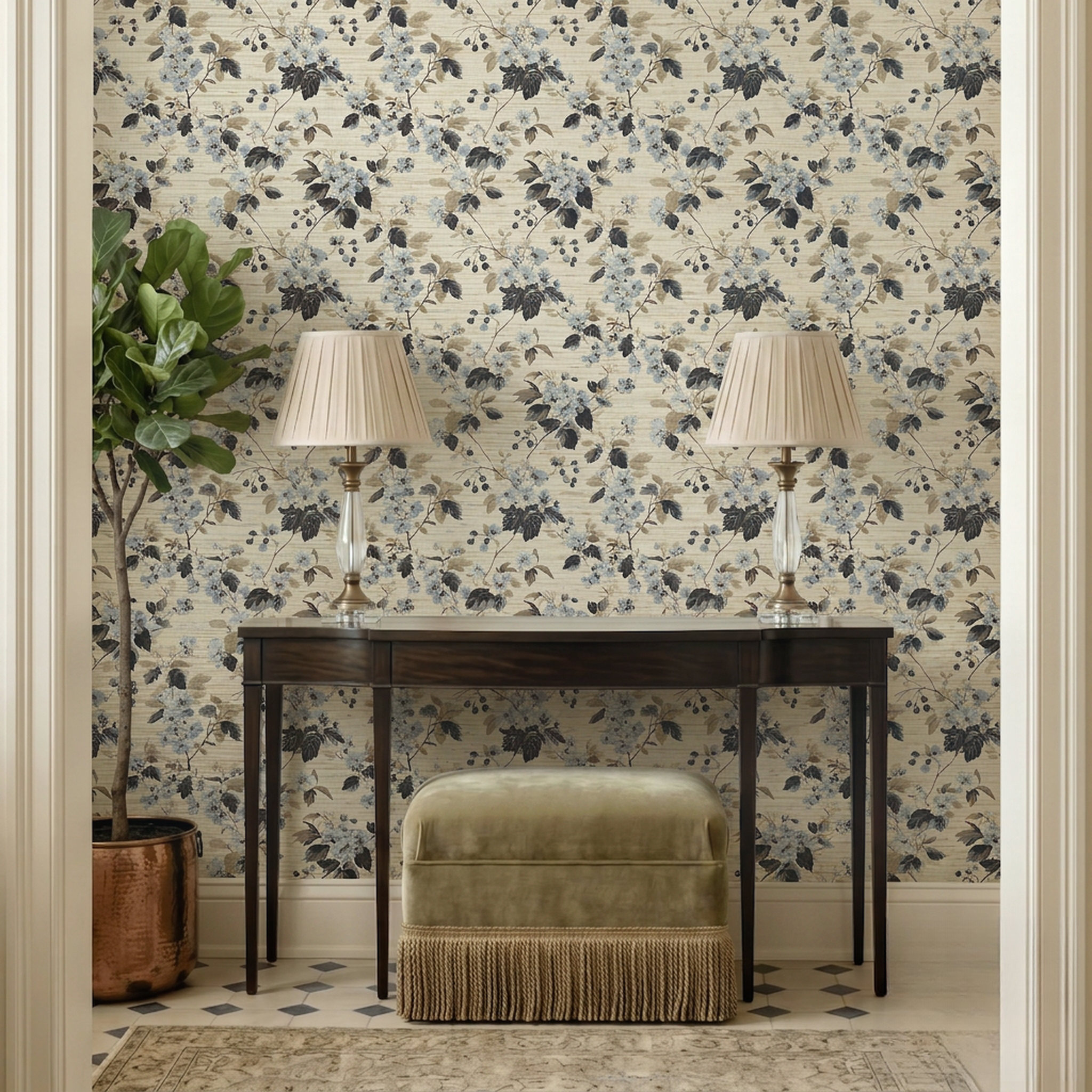Florals & Vines Faux Grasscloth Wallpaper