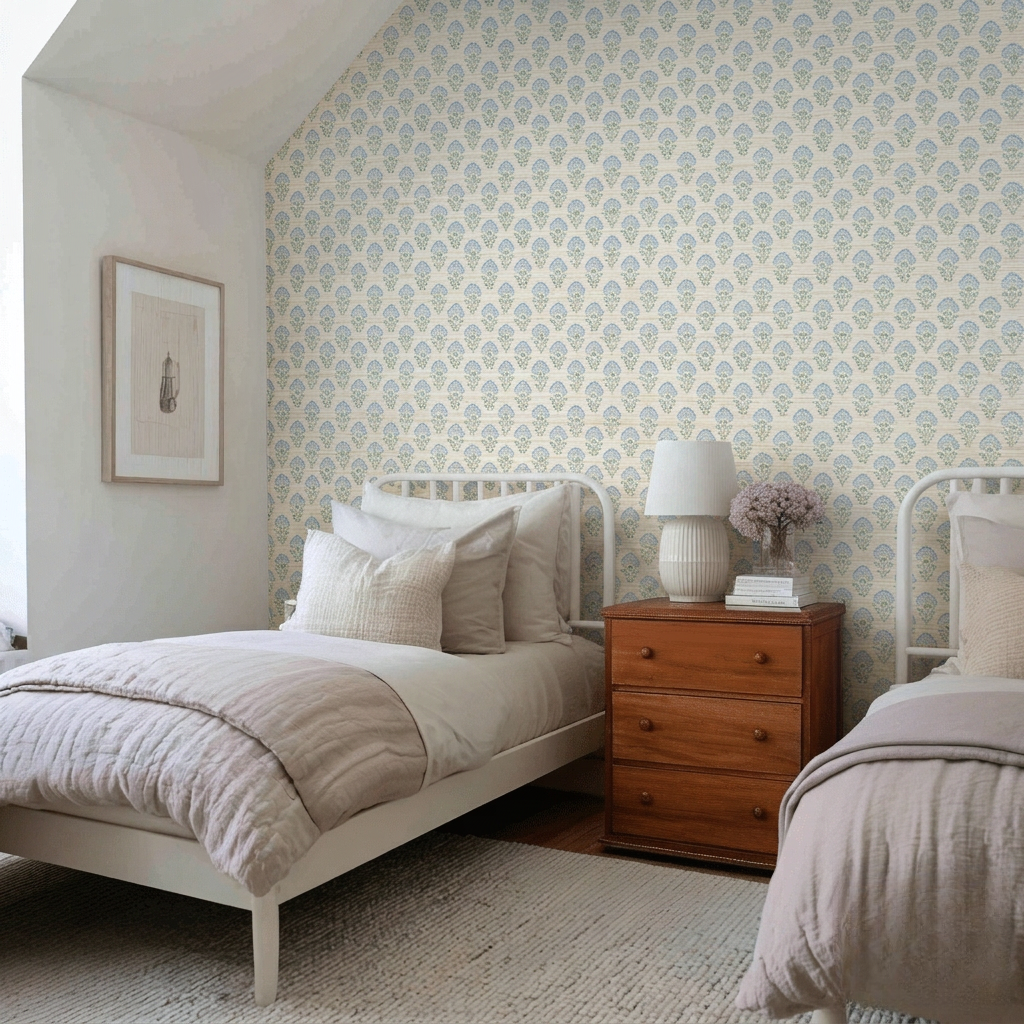 Blooming Blues Faux Grasscloth Wallpaper