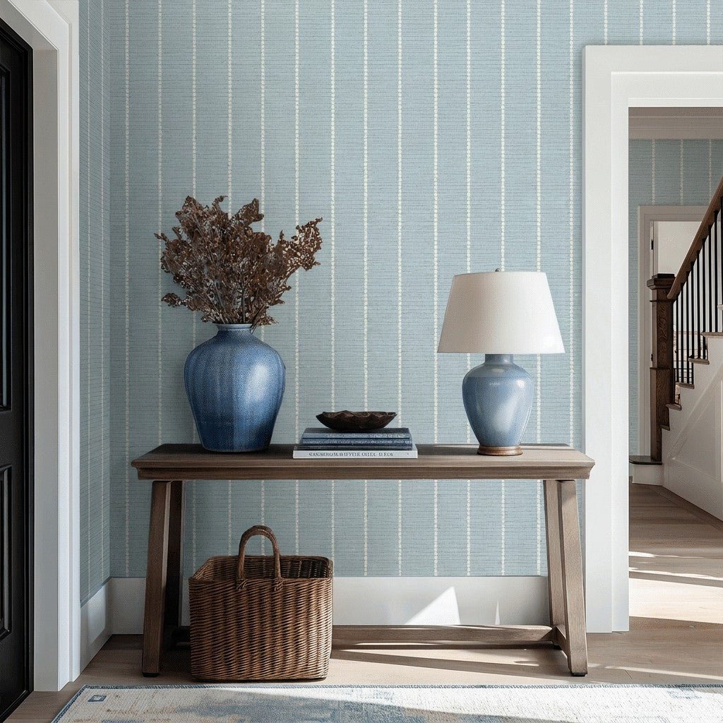 Araminta Blue Faux Grasscloth Wallpaper - Painted Paper