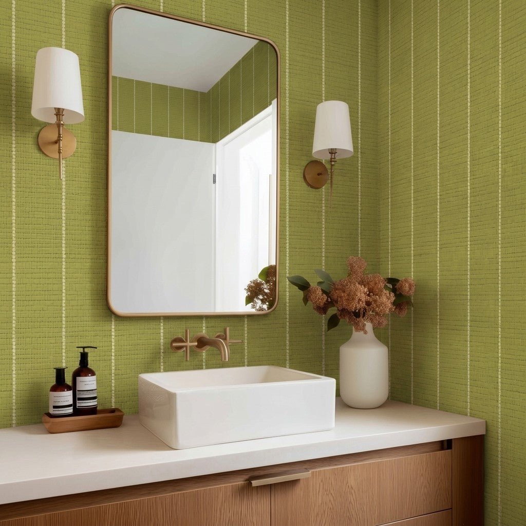 Araminta Green Faux Grasscloth Wallpaper - Painted Paper