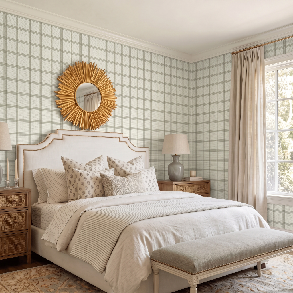 Orange County Olive Plaid Faux Grasscloth Wallpaper