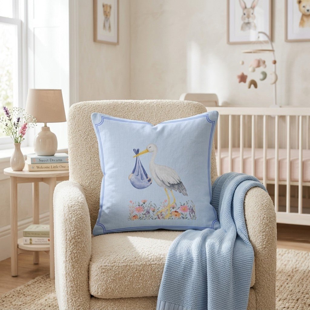 Baby Boy Stork Throw Pillow - Benton Lane Home - Hillcroft Home