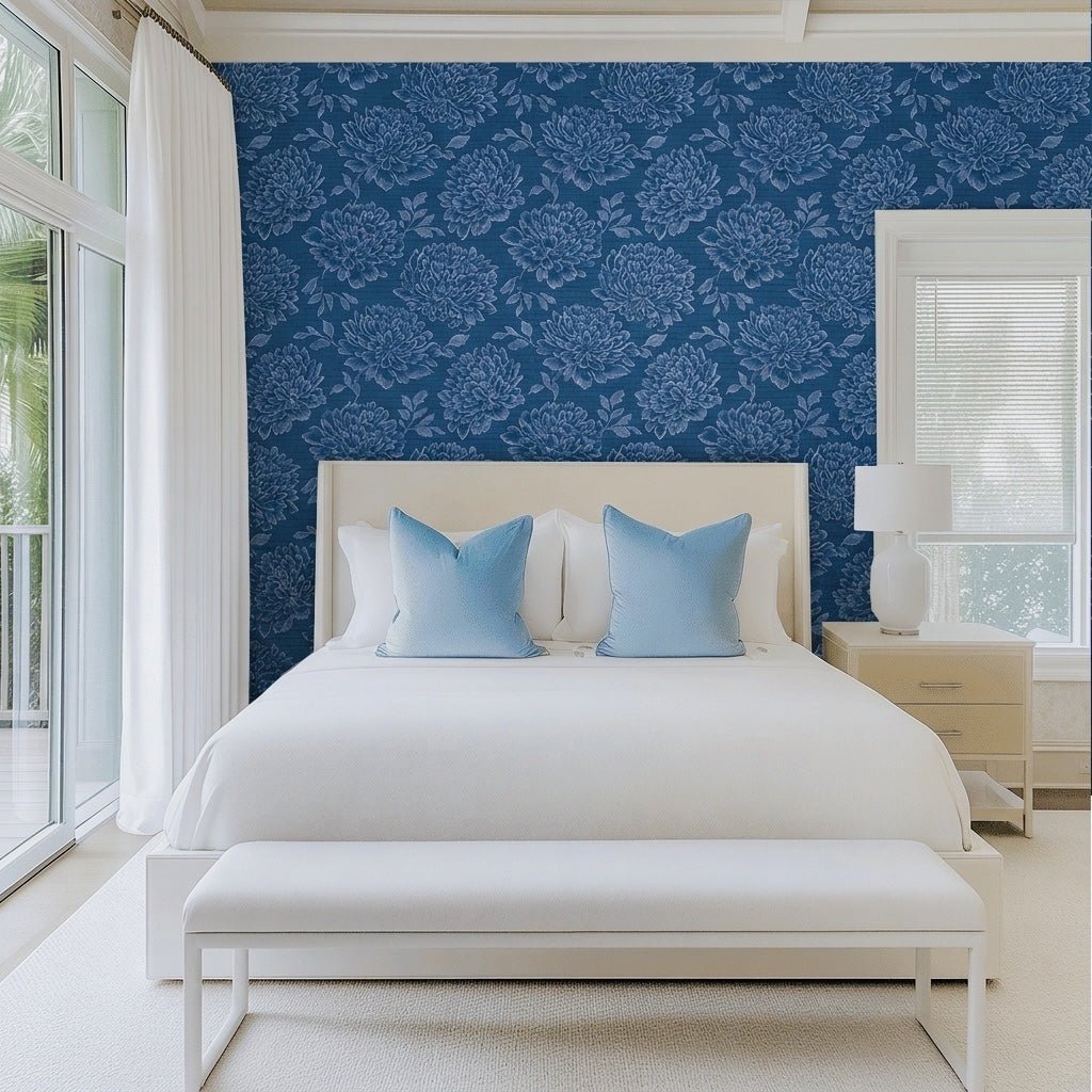 Bedford Blue Faux Grasscloth Wallpaper - Lemon Park