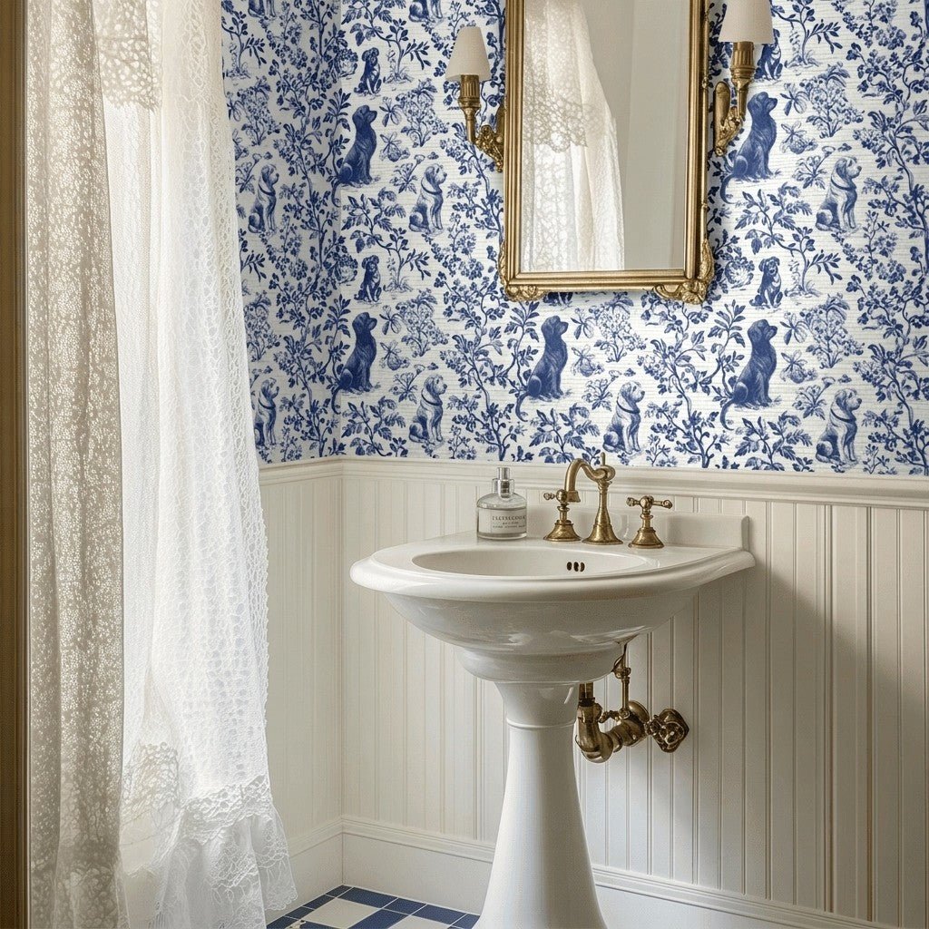Blue & Bone Toile Faux Grasscloth Wallpaper - Painted Paper