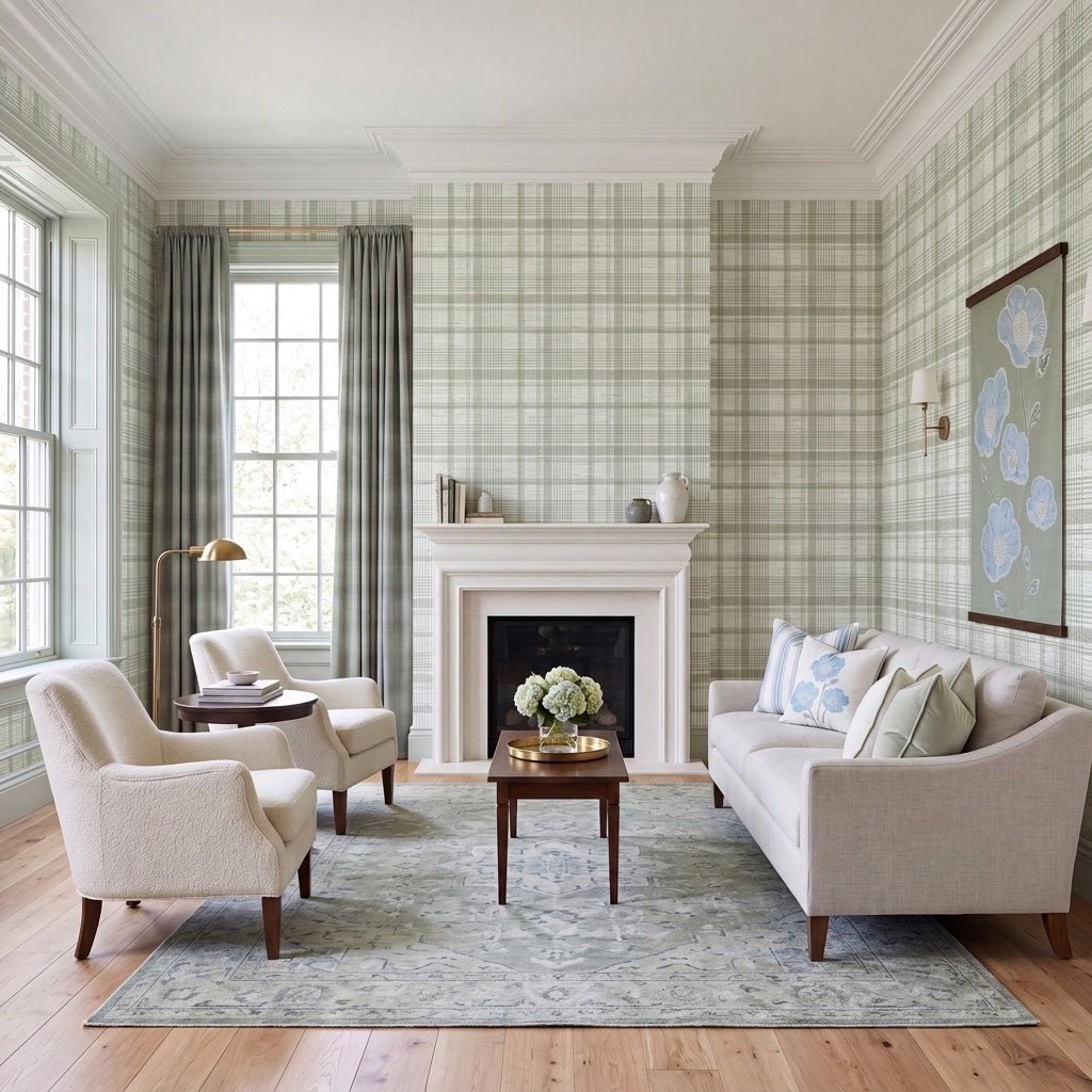 Blue Dresses Lemongrass Plaid Faux Grasscloth Wallpaper - Lemon Park