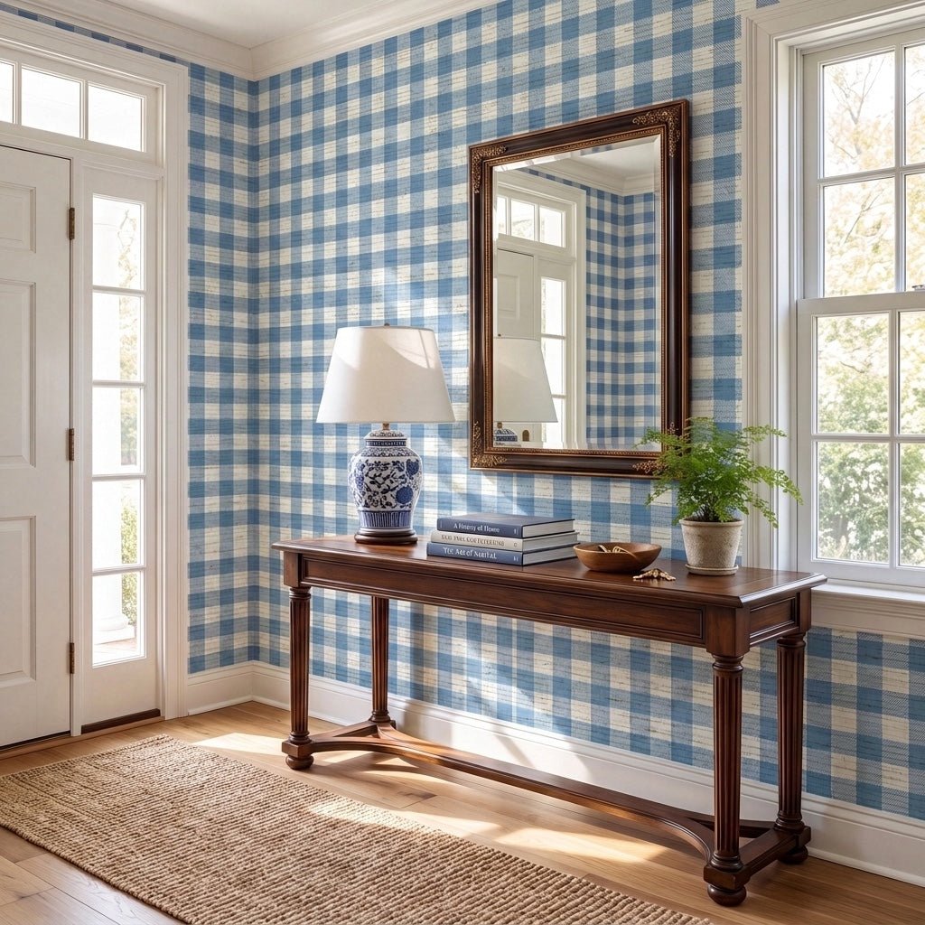Blue Dresses Steel Blue Gingham Faux Grasscloth Wallpaper - Lemon Park