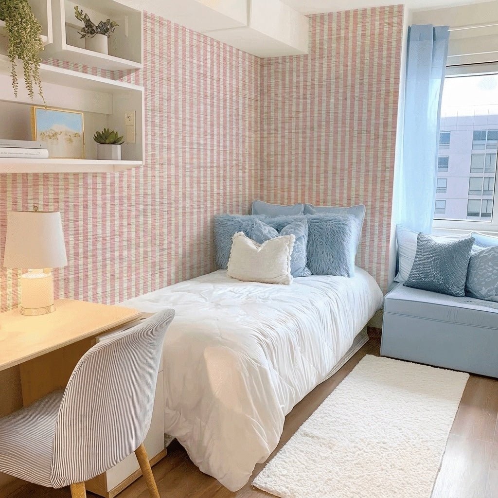 Blue & Pink Spencer Faux Grasscloth Wallpaper - Lemon Park