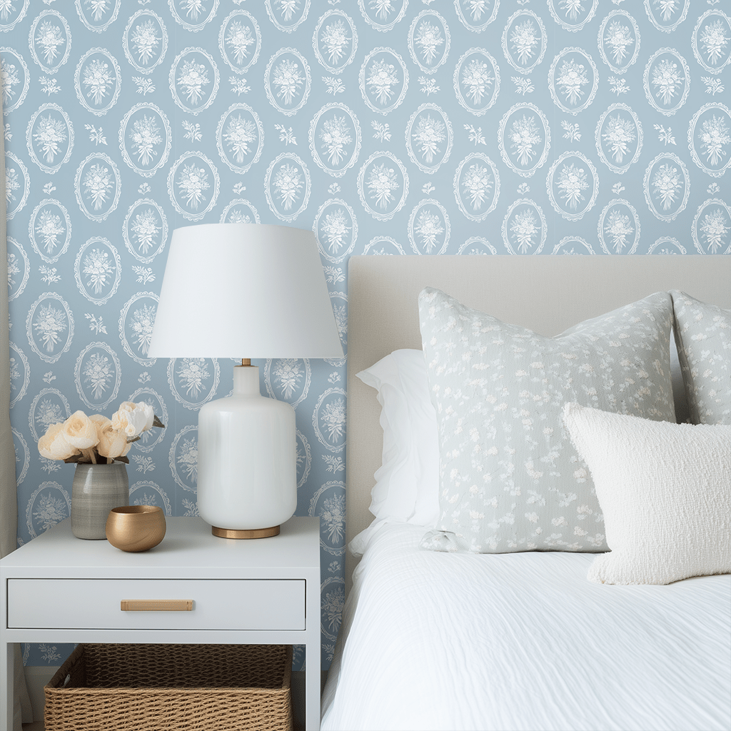 Blue Wreath Wallpaper - Benton Lane Home - Painted Paper