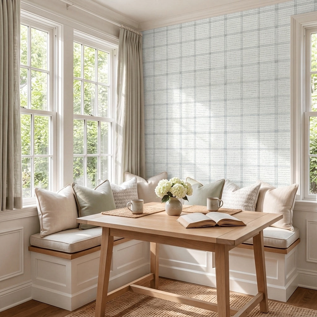 Blue Dresses Seashell Plaid Faux Grasscloth Wallpaper