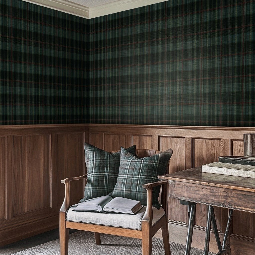 Classic Green Tartan Faux Grasscloth Wallpaper - Painted Paper