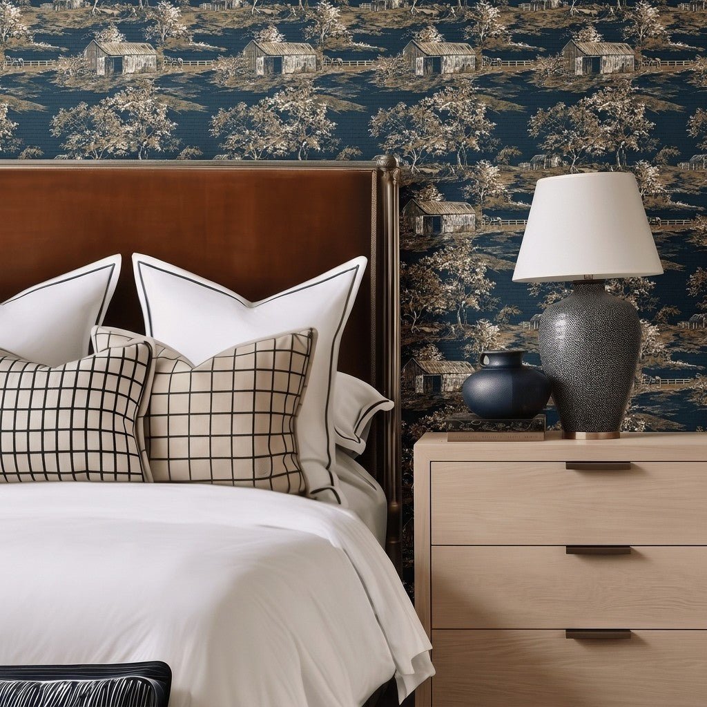Countryside Toile Faux Grasscloth Wallpaper - Painted Paper