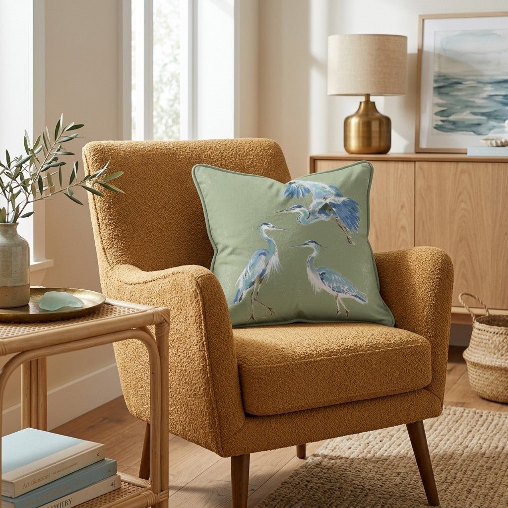 Cranes in Green Throw Pillow - Benton Lane Home - Hillcroft Home