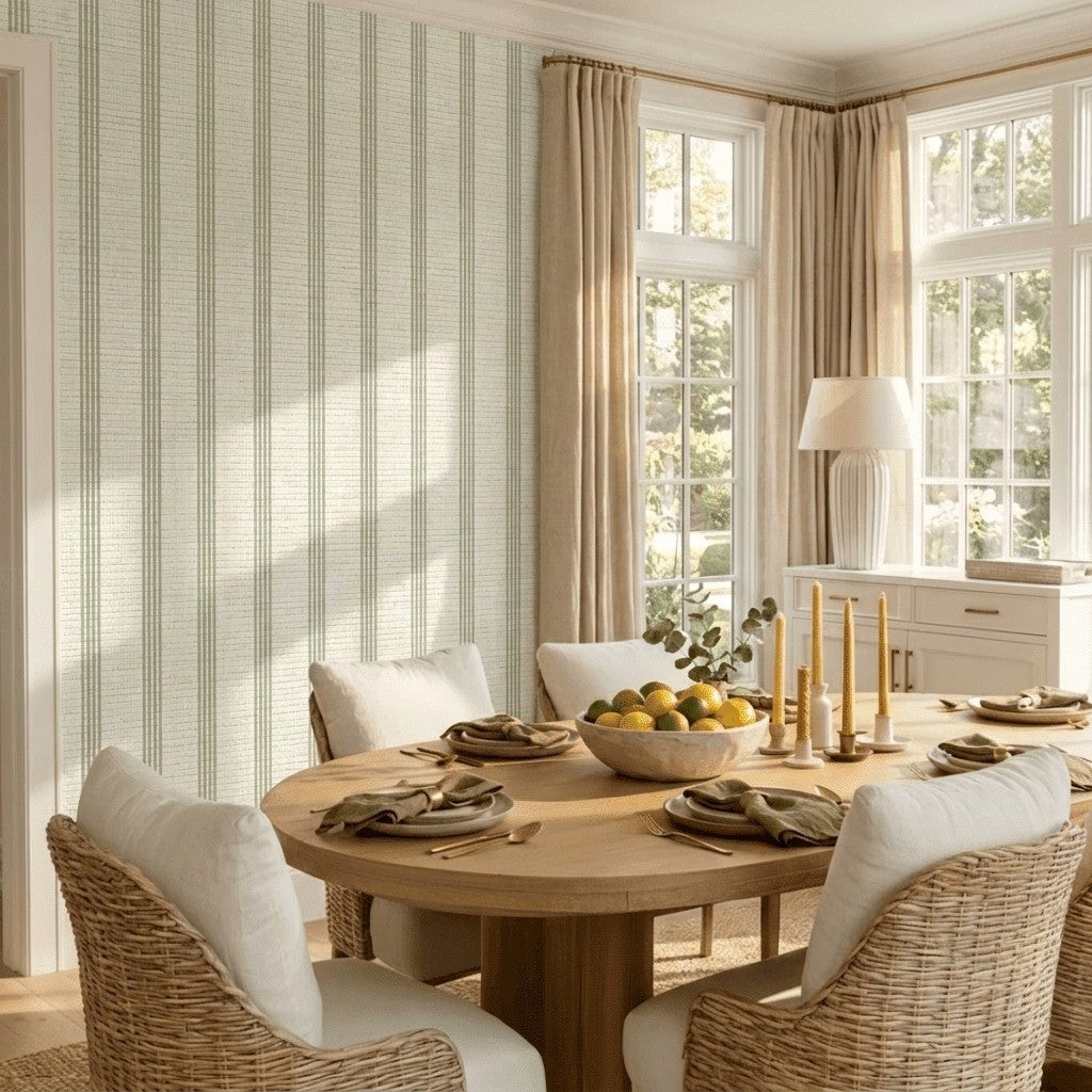 Orange County Olive Stripes Faux Grasscloth Wallpaper