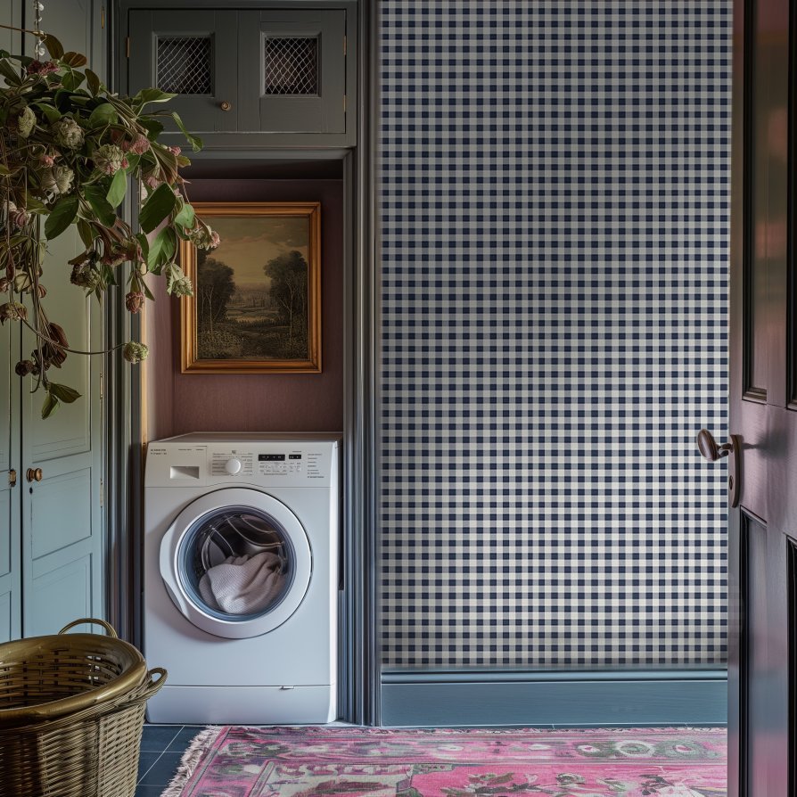 Dark Blue Vintage Gingham Wallpaper - Benton Lane Home - Painted Paper