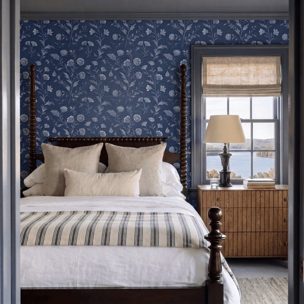 Embossed Blue Garden Faux Grasscloth Wallpaper - Painted Paper