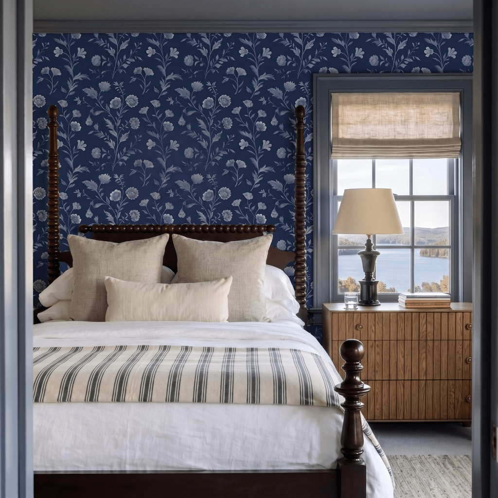 Embossed Blue Garden Wallpaper - Benton Lane Home - Painted Paper
