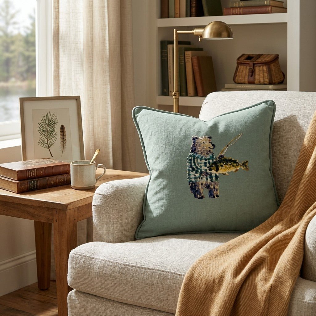 Fishing Bear Throw Pillow - Benton Lane Home - Hillcroft Home