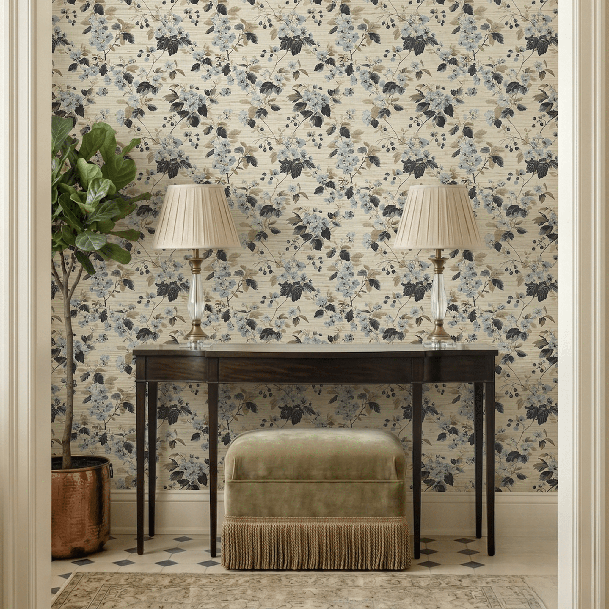 Florals & Vines Faux Grasscloth Wallpaper - Benton Lane Home - Painted Paper