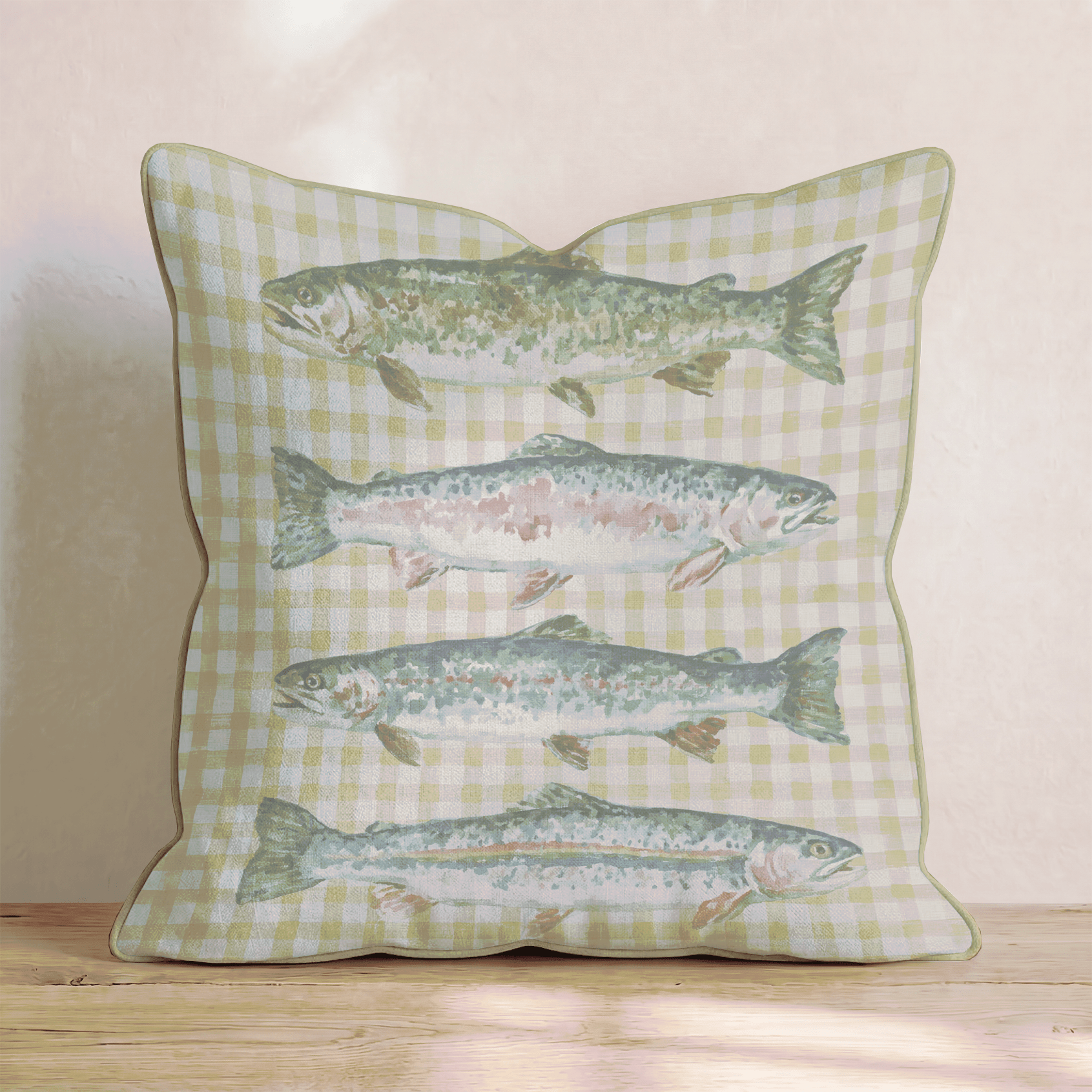 Gingham With Fish Throw Pillow - Benton Lane Home - Hillcroft Home