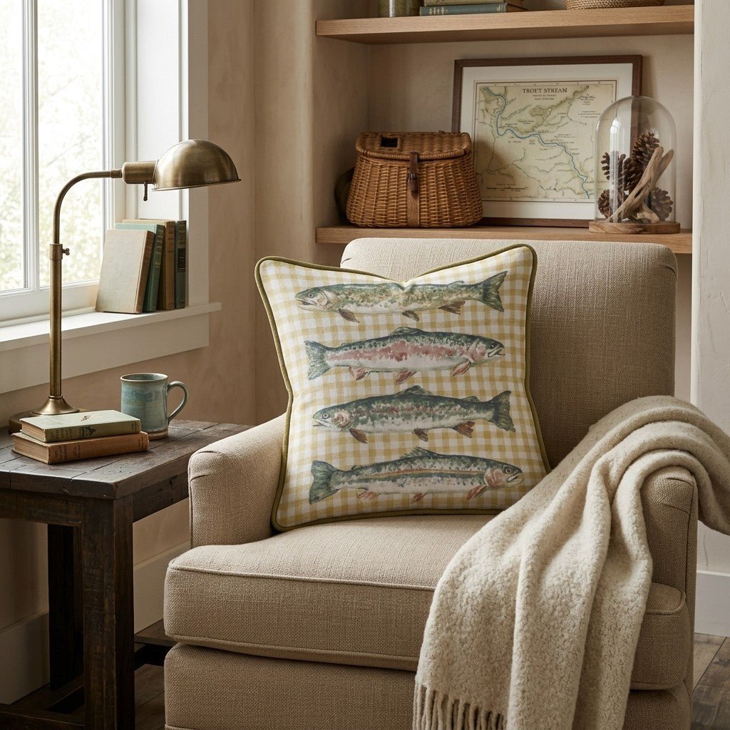 Gingham With Fish Throw Pillow - Benton Lane Home - Hillcroft Home