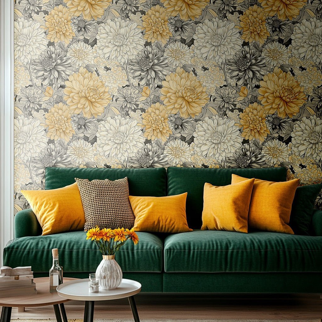 Golden Chrysanthemum Wallpaper - Premium - Benton Lane Home - Painted Paper