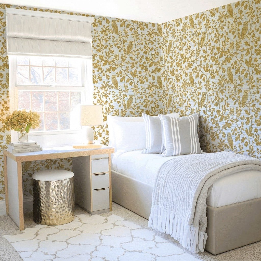 Golden Owl Friend Faux Grasscloth Wallpaper - Lemon Park