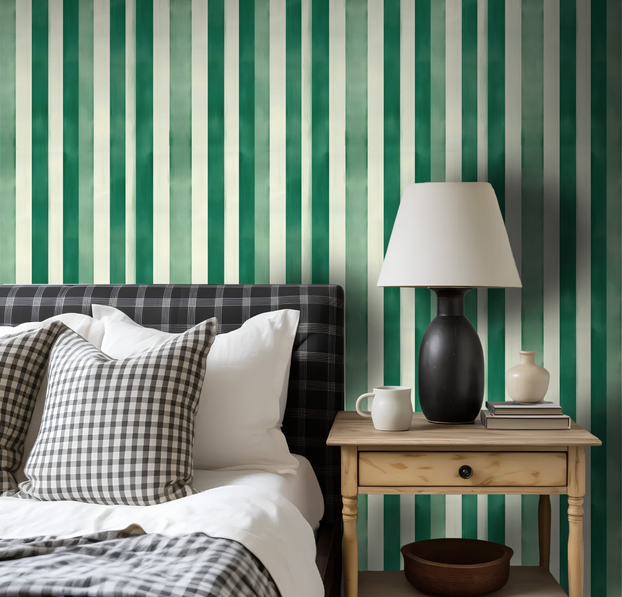 Green Watercolor Striped Wallpaper - Benton Lane Home - Painted Paper