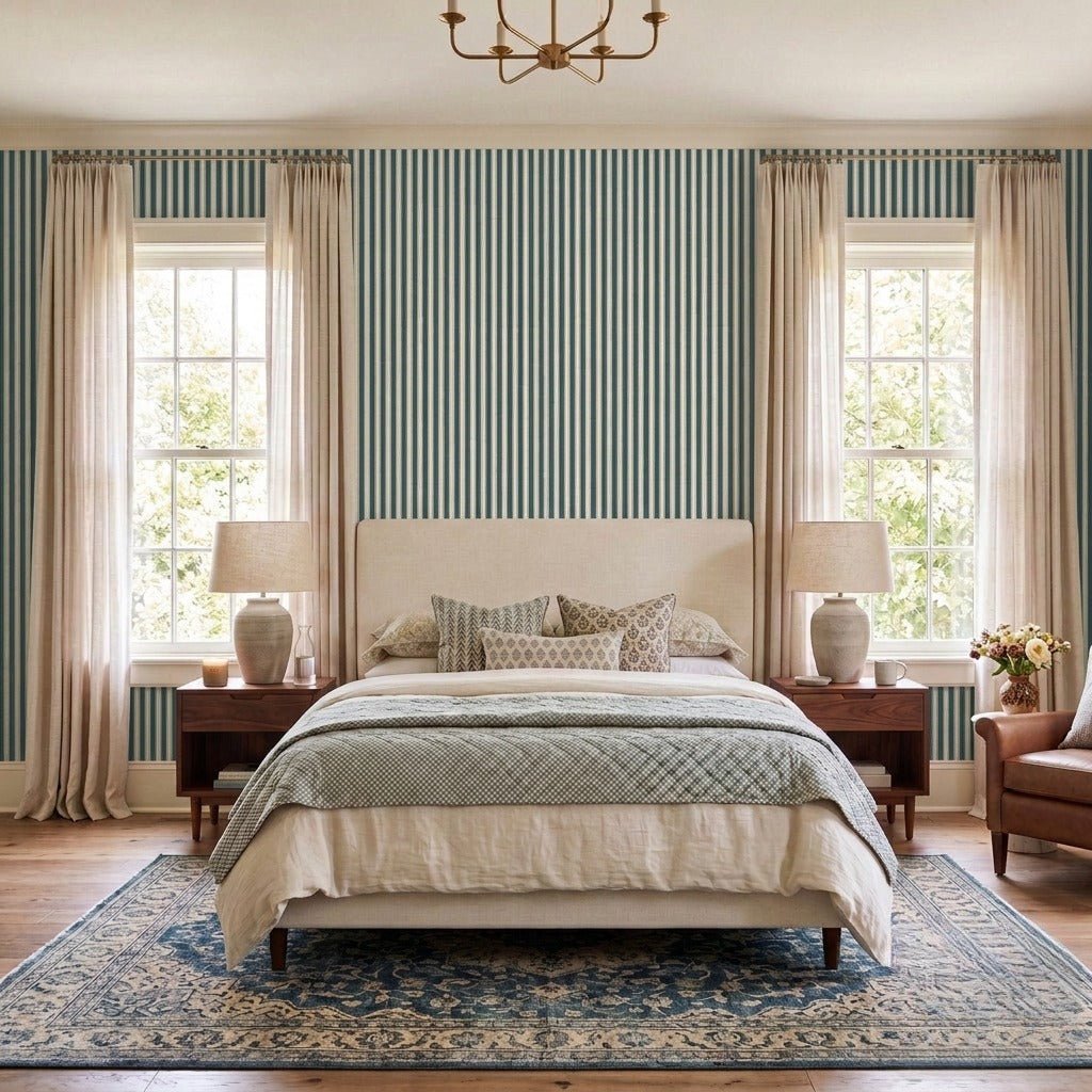 Hedgerow Teal Stripes Faux Grasscloth Wallpaper - Lemon Park