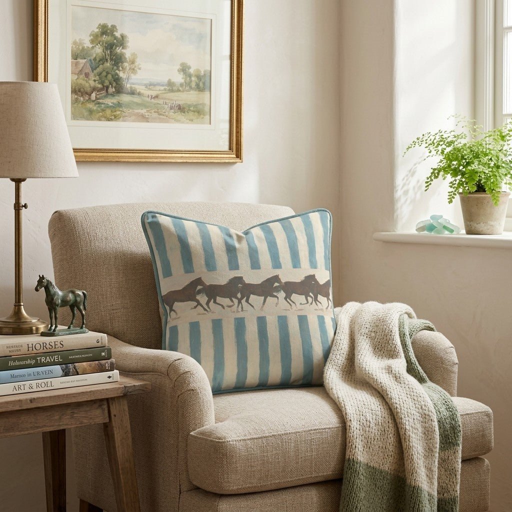 Horse Blue Stripes Throw Pillow - Benton Lane Home - Hillcroft Home