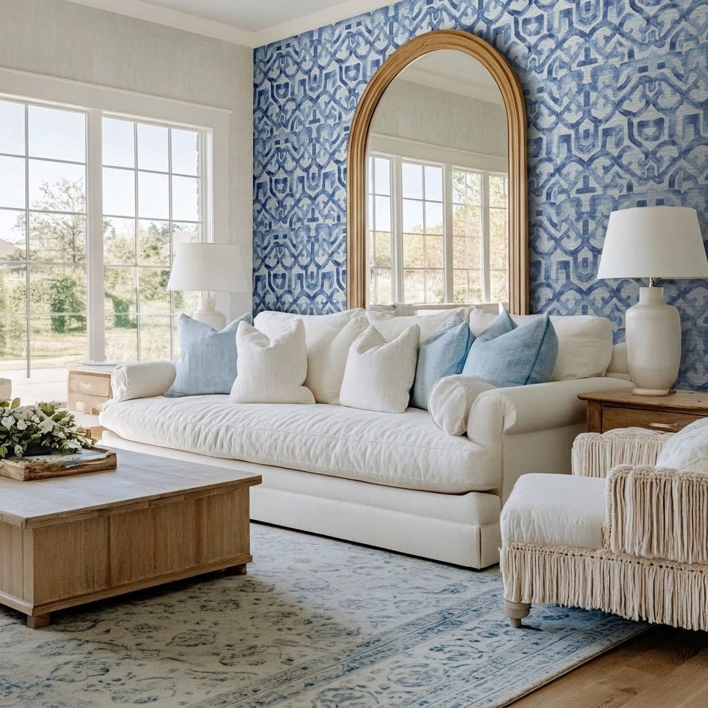 Icy Arabesque Faux Grasscloth Wallpaper - Painted Paper