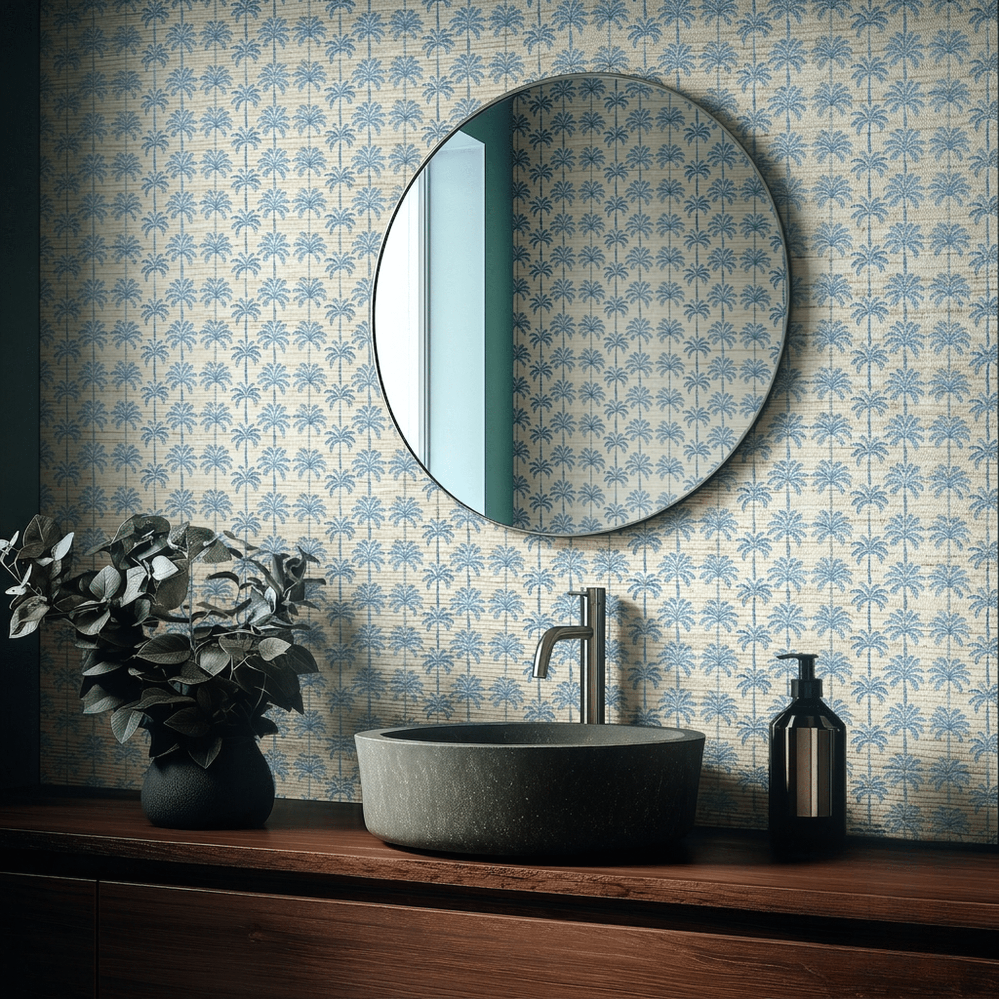Indigo Palm Faux Grasscloth Wallpaper - Benton Lane Home - Painted Paper