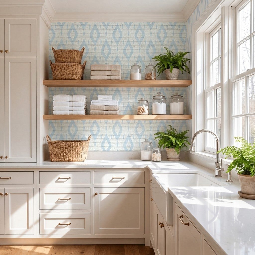 Key Lime Columbia Blue Ikat Faux Grasscloth Wallpaper - Lemon Park