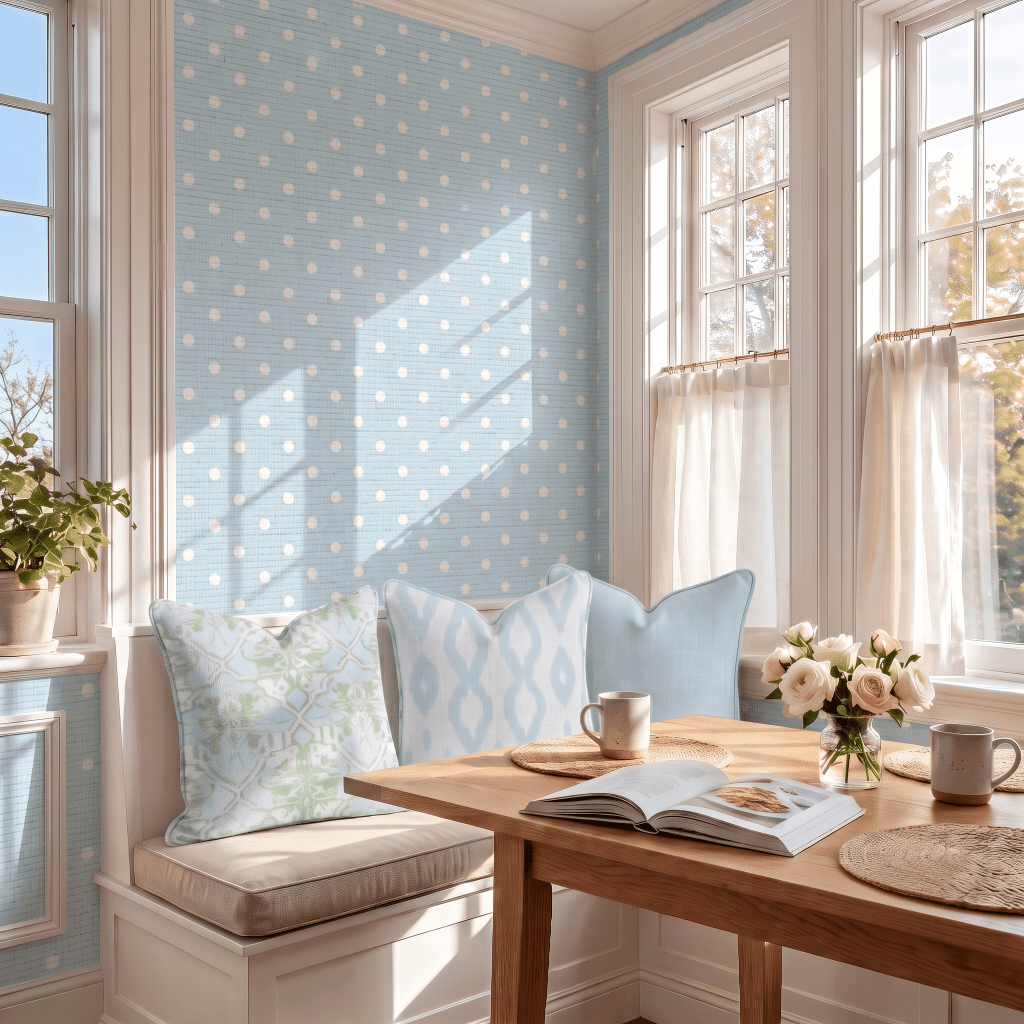 Key Lime Columbia Blue Polka Dot Faux Grasscloth Wallpaper - Lemon Park