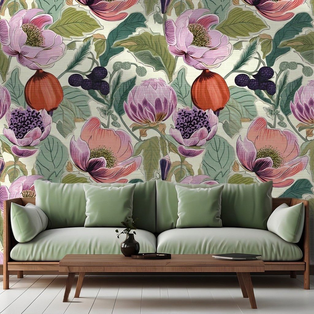 Margo Fruit Floral Faux Grasscloth Wallpaper - Benton Lane Home - Painted Paper