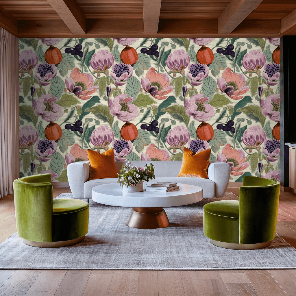 Margo Fruit Floral Faux Grasscloth Wallpaper - Benton Lane Home - Painted Paper