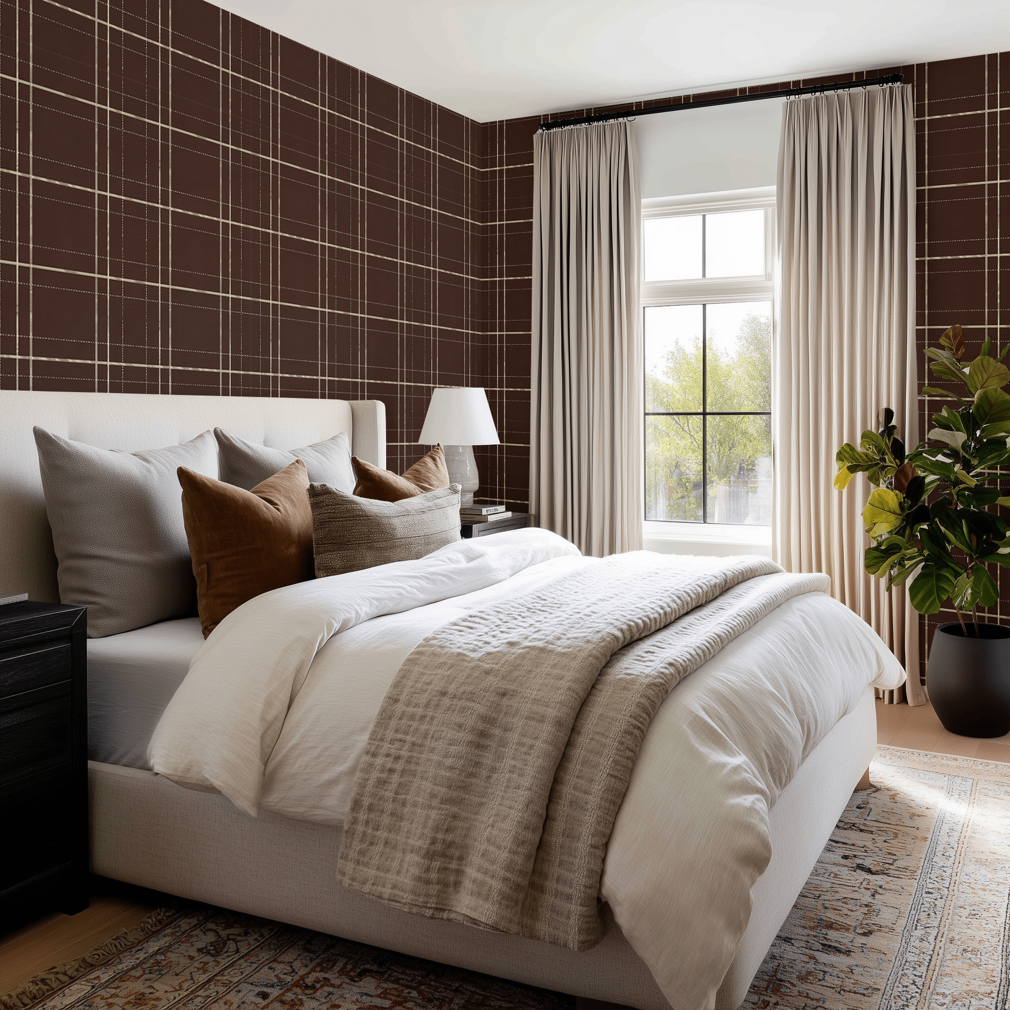 Mocha Tartan Faux Grasscloth Wallpaper - Benton Lane Home - Painted Paper
