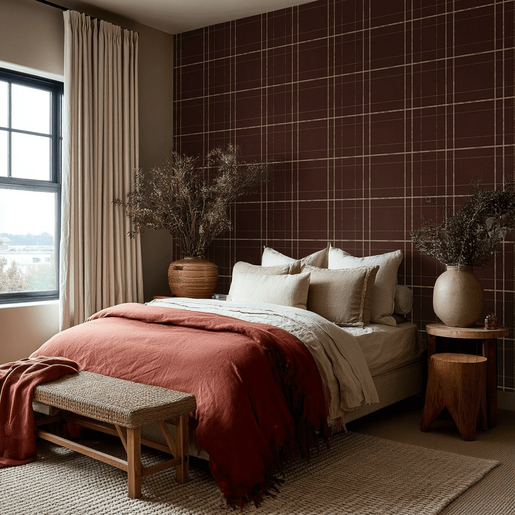 Mocha Tartan Faux Grasscloth Wallpaper - Benton Lane Home - Painted Paper