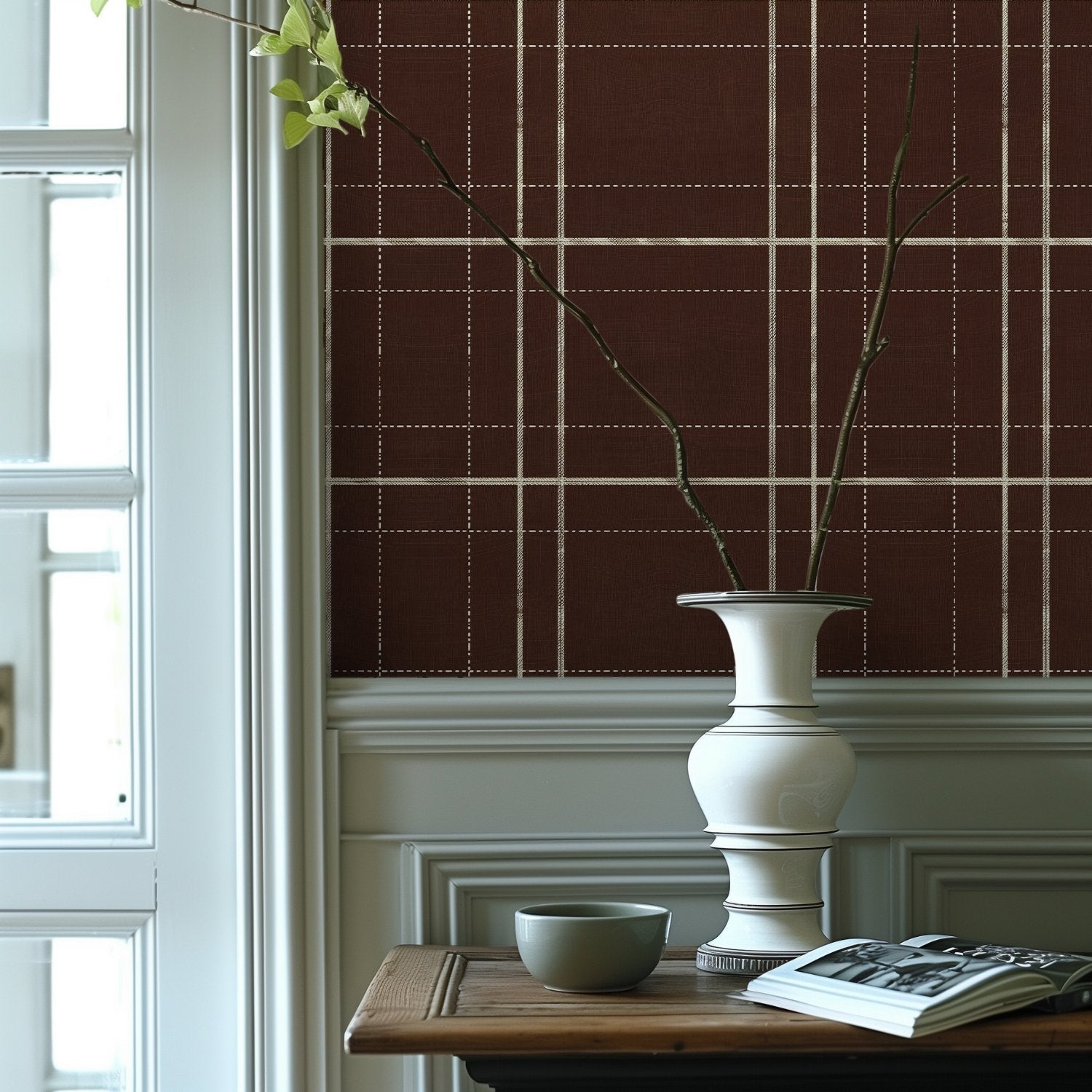 Mocha Tartan Faux Grasscloth Wallpaper - Benton Lane Home - Painted Paper