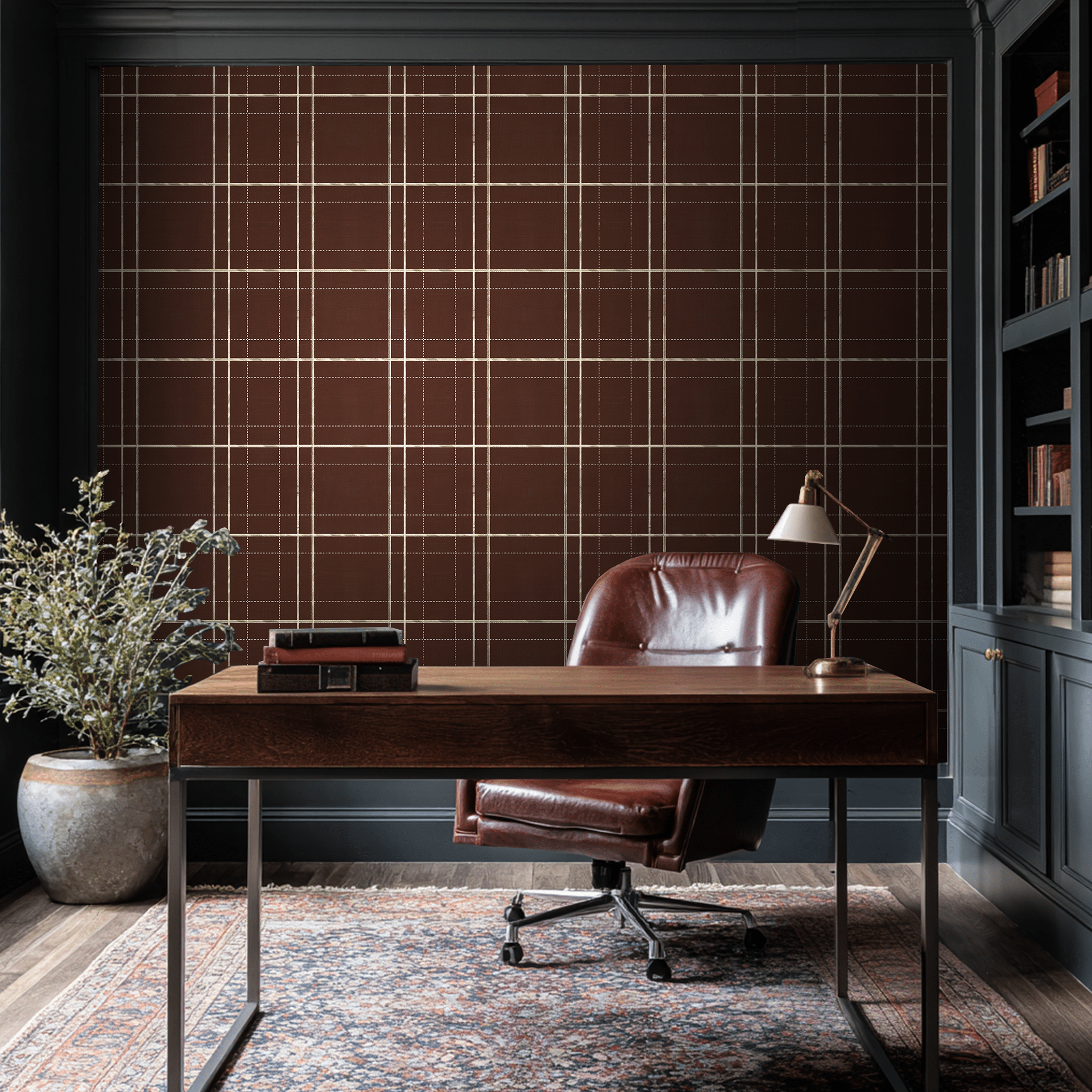 Mocha Tartan Faux Grasscloth Wallpaper