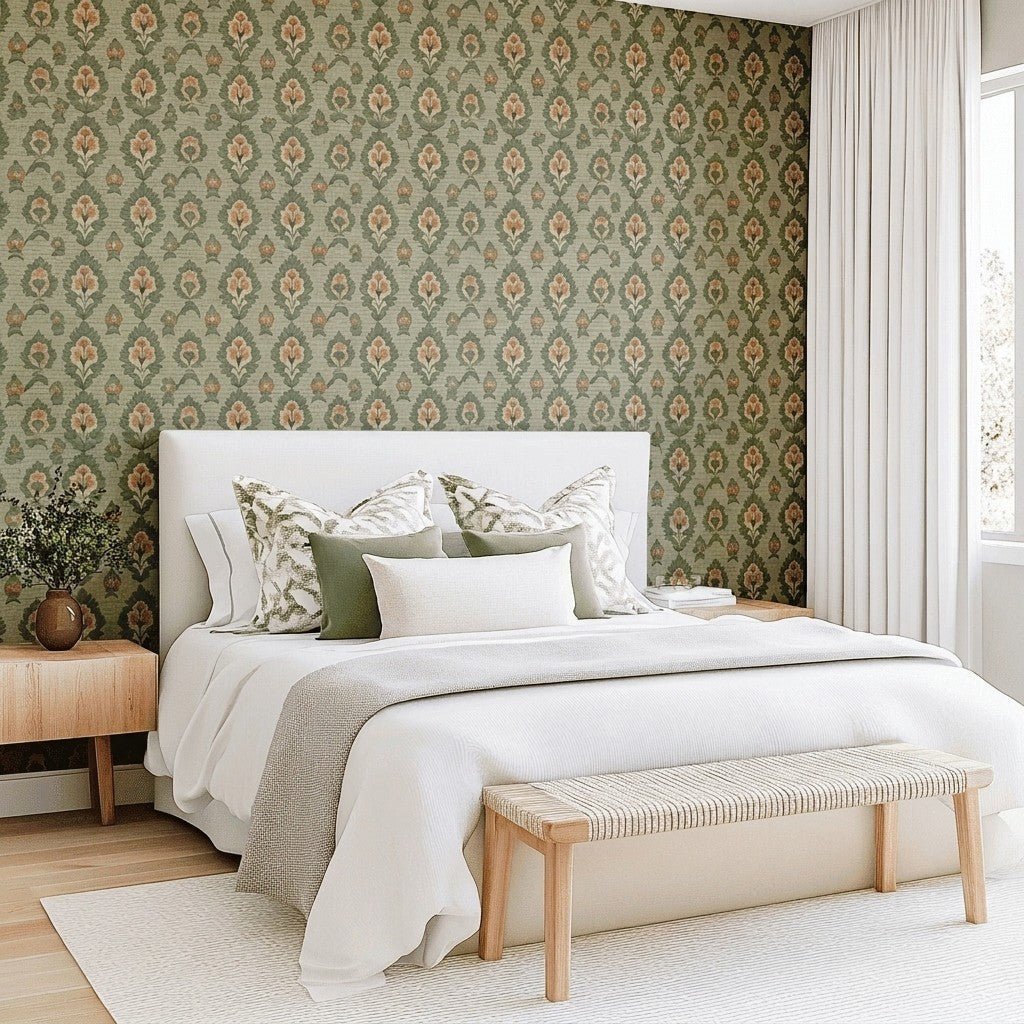 Olive & Peach Faux Grasscloth Wallpaper - Benton Lane Home - Lemon Park