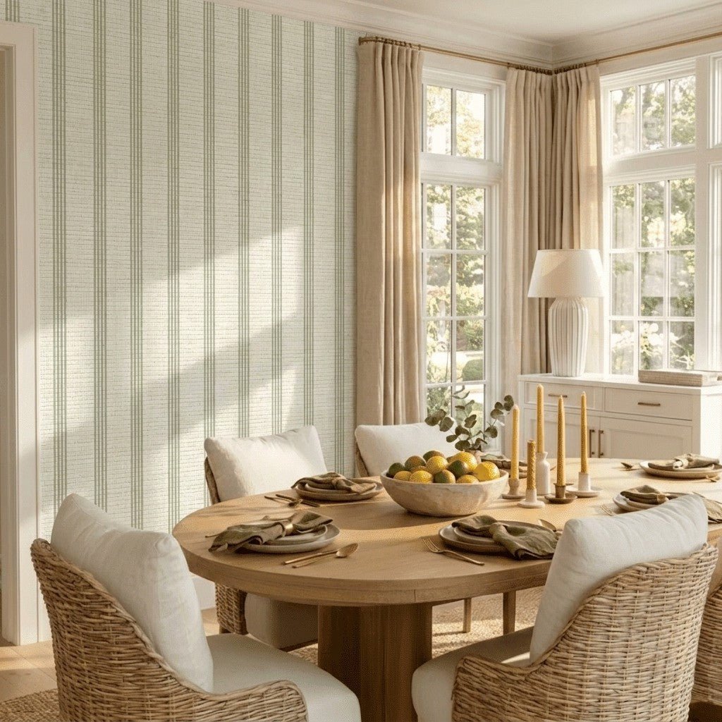 Orange County Olive Stripes Faux Grasscloth Wallpaper - Lemon Park