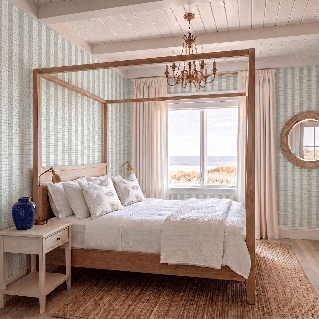 Pearl's Haven Fog Stripes Faux Grasscloth Wallpaper - Benton Lane Home - Lemon Park