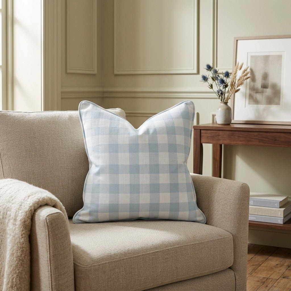 Pearl's Haven Spring Blue Gingham Throw Pillow - Benton Lane Home - Lemon Park