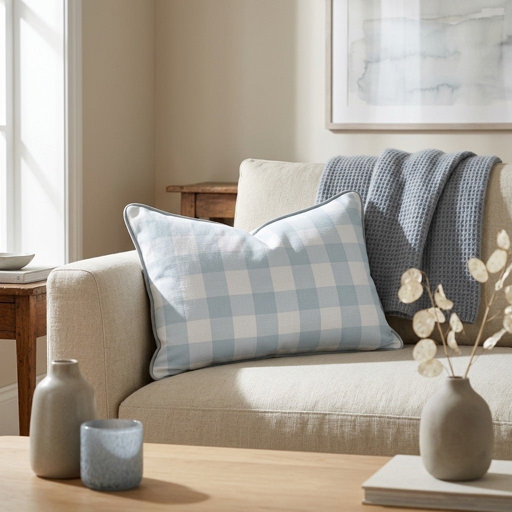 Pearl's Haven Spring Blue Gingham Throw Pillow - Benton Lane Home - Lemon Park
