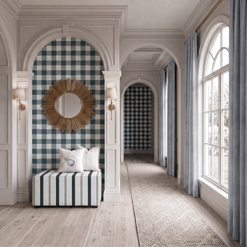 Pearl's Haven Teal Gingham Faux Grasscloth Wallpaper - Benton Lane Home - Lemon Park