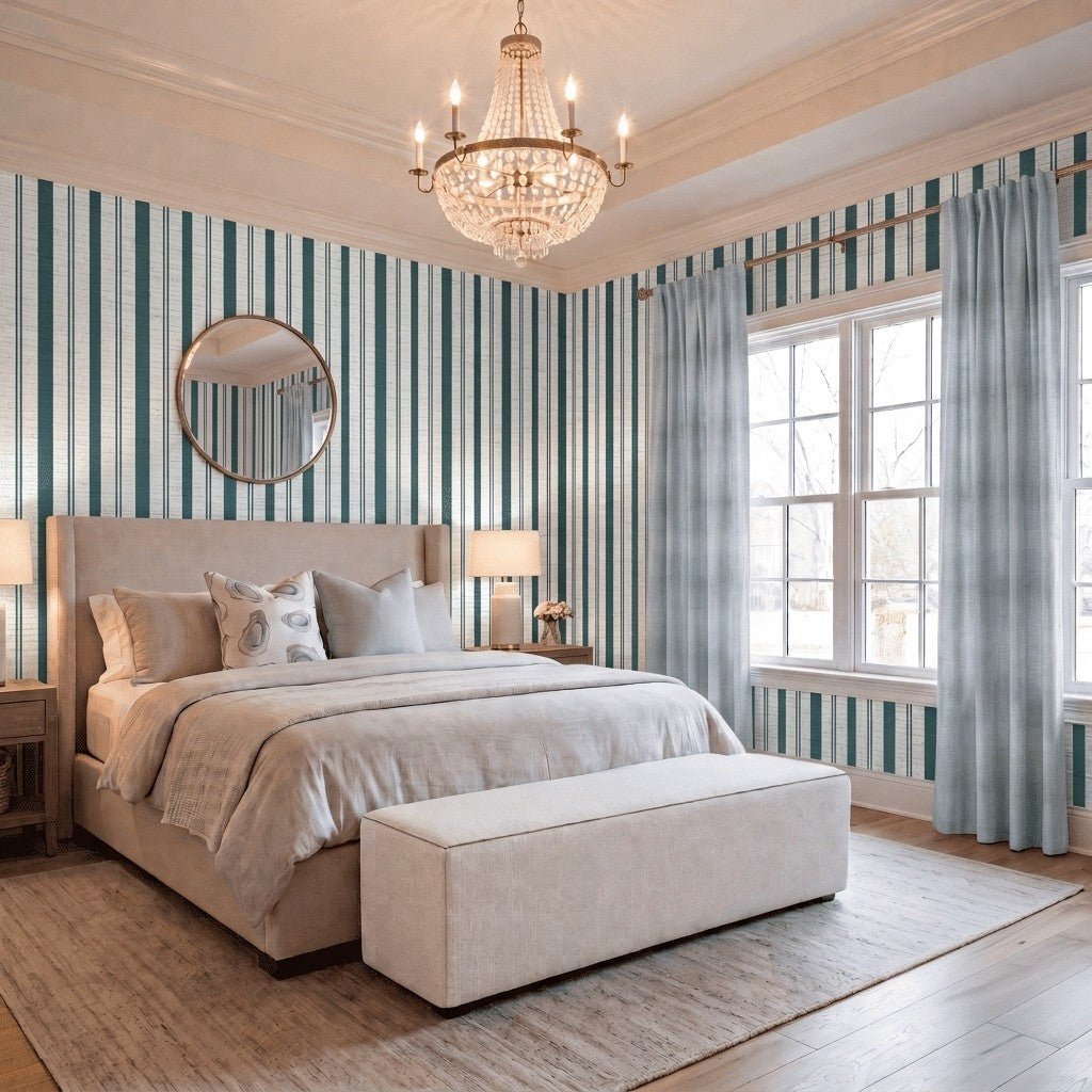 Pearl's Haven Teal Stripes Faux Grasscloth Wallpaper - Benton Lane Home - Lemon Park