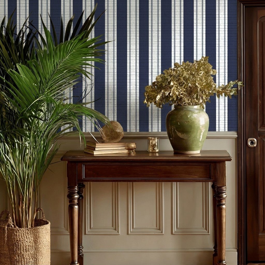 Pinstripe Blues Faux Grasscloth Wallpaper - Painted Paper