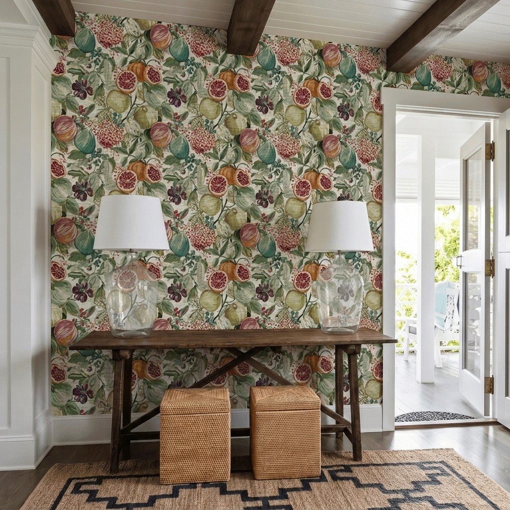 Pomegranate & Petals Faux Grasscloth Wallpaper - Painted Paper