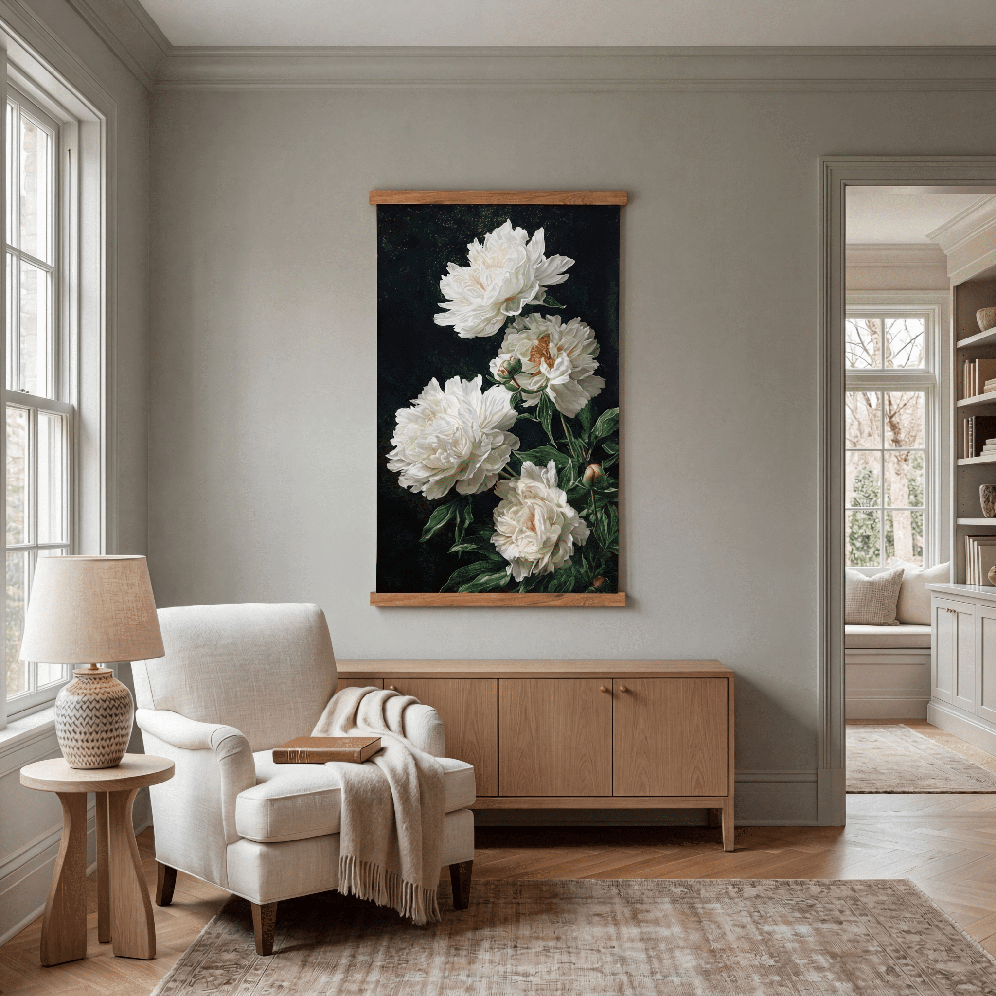 Snowy Peonies - Tapestry - Benton Lane Home - Painted Paper